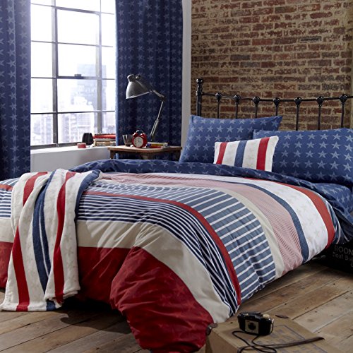Catherine Lansfield Stelle E Strisce Copripiumino E Federa, Cotone, Blu, Letto 150/170 (King), 240 X 220 + 2X 50 X 85