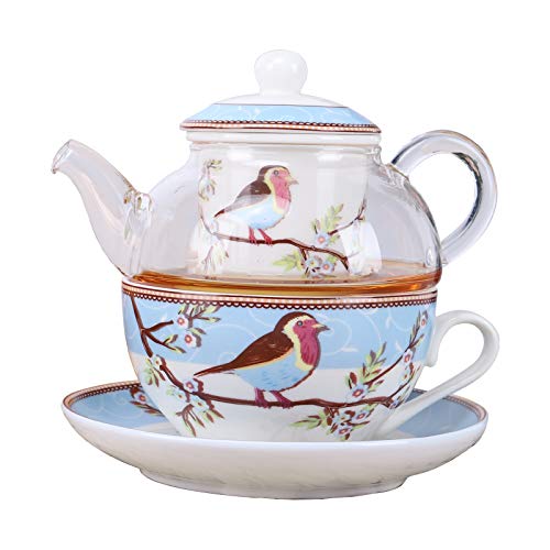 Fanquare Servizio Da Tè Per Una Persona Con Uccelli E Fiori Pettirosso Blu, Tazza Da Tè In Ceramica E Piattino Con Teiera In Vetro