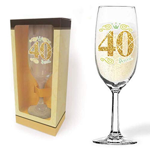 Partycolarità Flute Champagne 40 Anni Glitter - Flute Brindisi In Vetro - Bicchiere Da Champagne - Gadget Festa Di Compleanno Quarantenne