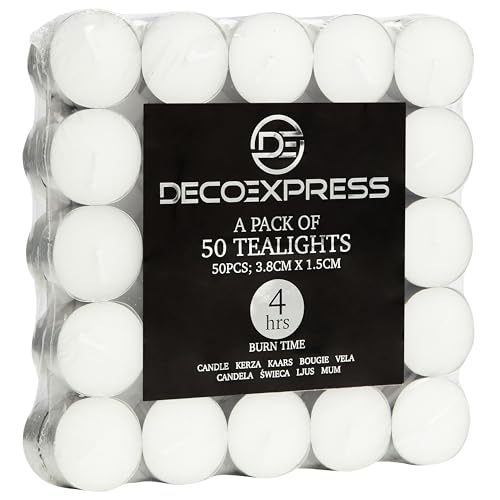 Candele Tealight - Candele Bianche 24/50/100/200 Pezzi Candele Piccole - Candele Lunga Durata 4/8/10 Ore - Lumini Candele Non Profumate (Bianco, 50 Pe