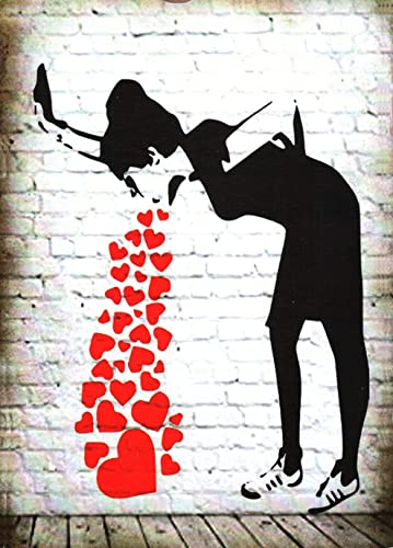 Kustom Art Calamita (Magnete) Serie Bansky Donna Vomita Cuori Stile Vintage Da Collezione Stampa Su Legno 10X6 Cm