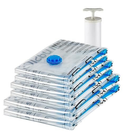 Amazon Basics - Sacchetti Sottovuoto Con Pompa A Mano, Cerniera, Confezione Da 6 (2 Jumbo, 2 Grandi, 2 Medi) Molteplici, Trasparente
