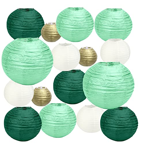 Honmok 16 Pezzi Lanterne Di Carta Rotonda Verde Bianco Oro Per Matrimonio 10Cm 15Cm 20Cm 25 Cm Lanterne Di Carta Velina Decorazioni Da Appendere Per M