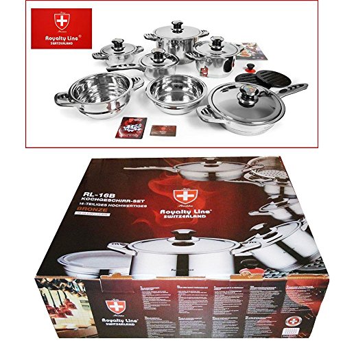 Euroricami Viterbo - Mod. Royalty Line Switzerland - Batteria Da Cucina Professionale, In Acciaio Inox 18/10, Confezione Da 16 Pezzi
