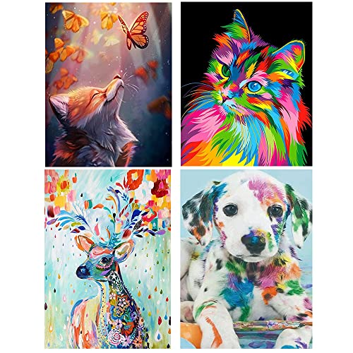 Toosoar 4 Pezzi Diamond Painting,Diamond Painting Kit Completo,Diamond Painting Gatto,Cane, Volpe, Cervo, Con Attrezzi Fai Da Te, Per La Decorazione D