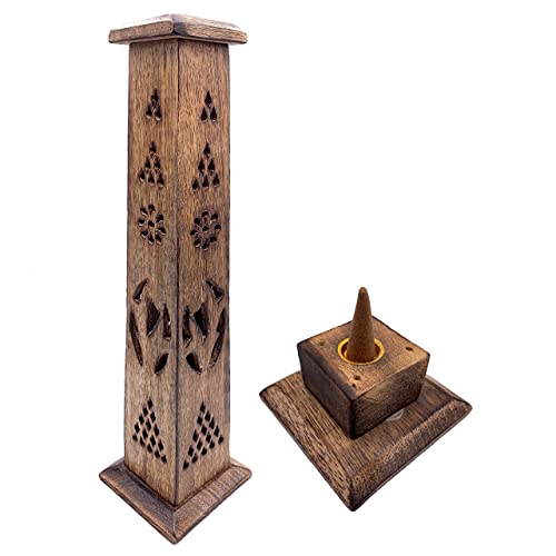 Support Encens (Encensoir) Tour En Bois Sculpté À La Main En Inde - Design Exclusif Et Unique. 30X8X8 Cm - Poids 190 G. Porte-Encens En Bois