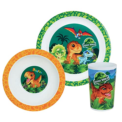 Fun House 006066 Jurassic World Dinosaure - Set Pasto Composto Da Piatto Piatto Ø 22 Cm, Piatto Cavo O Ciotola Ø 16 Cm E Bicchiere Da 220 Ml Per Bambi