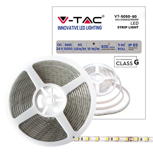 V-Tac Striscia Led Da Esterno Ip65 Impermeabile 10W - 5 Metri Di Lunghezza - Smd 5050 Alta Luminosità - Luce Bianca Naturale 4000K - Strisce Led - Str