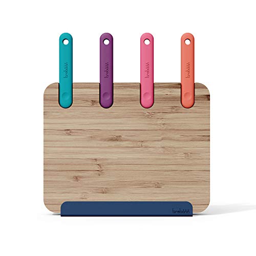 Trebonn - Block Chopping Station, Set 4 Coltelli In Acciaio Inox Giapponese Con Ceppo In Bambù, Base Poggia Smartphone E Tablet E Tagliere In Bambù 30