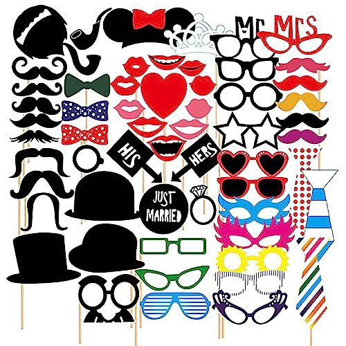 Sacjkt Photo Booth Props Bambù, Cartone, Cornice Selfie Matrimonio, 58 Pcs Puntelli Per Foto Divertenti Con Bastoncini E Adesivi, Fai Da Te Kit Festa