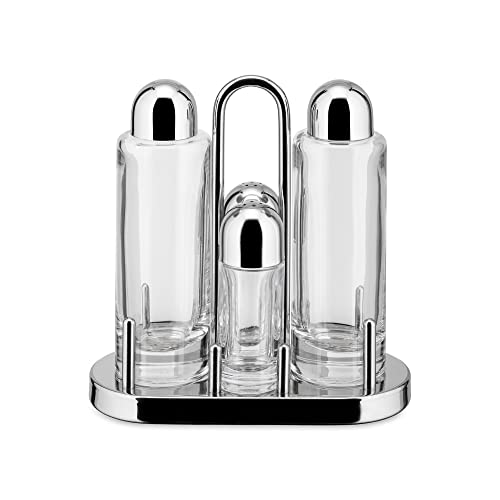 Alessi 5070 - Set Portacondimenti Per Olio, Aceto, Sale E Pepe In Acciaio Inox 18/10 E Vetro Cristallino