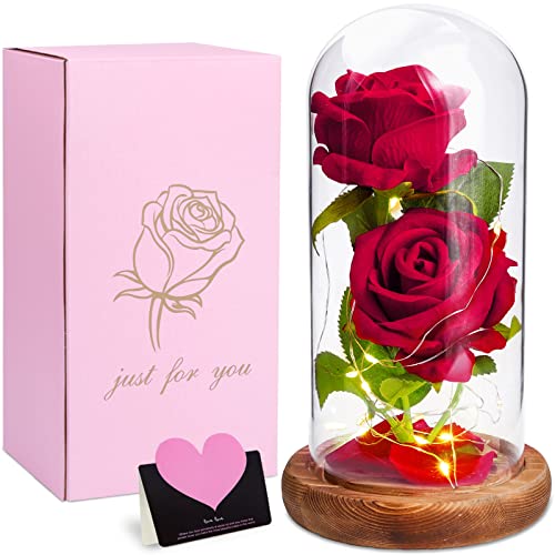 Mulevip Rosa Eterna,Elegante Cupola Di Vetro Con Base Pino,Kit Per Anniversario,Matrimonio