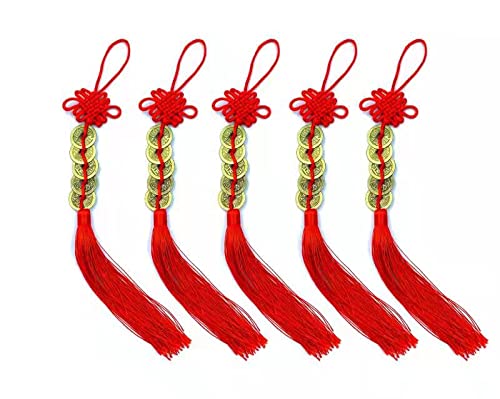 Yangwen 5 Set Monete Cinesi Fortuna Moneta Portafortuna Monete Feng Shui Monete Nodo I-Ching Monete Tradizionali Stringa Rossa Filo Portafortunaper Ri