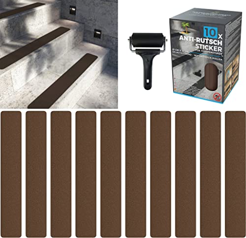 Cocofy Strisce Antiscivolo Per Scale Interne Ed Esterne | 10 Strisce Di Nastro Antiscivolo Marroni (61X10 Cm) | Antiscivolo Scale Con Speciale Superfi