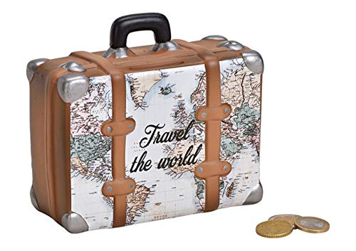 Wurm Splendido Salvadanaio Da Viaggio A Forma Di Valigetta, Con Mappa Del Mondo, Tappo E Scritta In Lingua Inglese