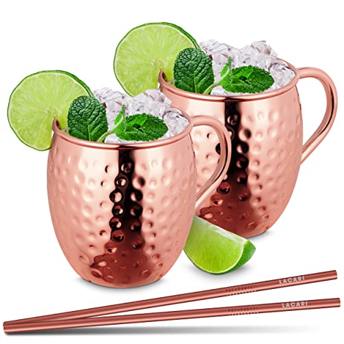 Bicchieri Moscow Mule Rame | Mug 2X Tazze 2X Cannucce | Lacari Originale Bicchieri Rame Capacità 470Ml | Per Cocktail | Con E-Book
