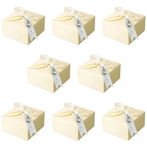 Scatole In Carta Per Bomboniere, 20 Pz Scatola Regalo Con Fiocco Di Nastro, Scatoline Portaconfetti Gialle Con Ciondoli Di Perle E Etichette, Scatole