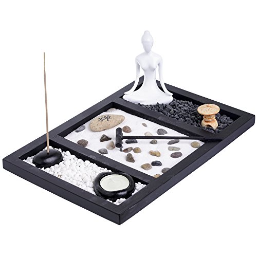 London Boutique Garden Portacandele Incenso Sabbia Bianca E Pietre Decorative (Buddha Zen), Legno Resina, L23W16H3Cm