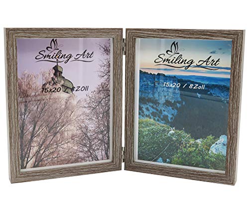 Smiling Art Cornice Per 2 Foto In Legno Mdf Con Vetro, Cornice Pieghevole, Doppia Cornice (Grigio, Formato Ritratto, 2 X 15 X 20 Cm)