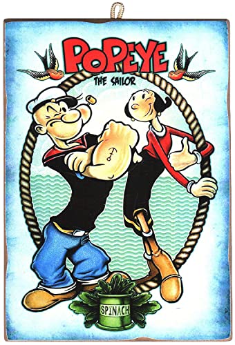 Kustom Art Cucuba Quadro Quadretto Stile Vintage Serie Cartoon Popeye Braccio Di Ferro The Sailor Man Stampa Su Legno 18 X 25 Cm.