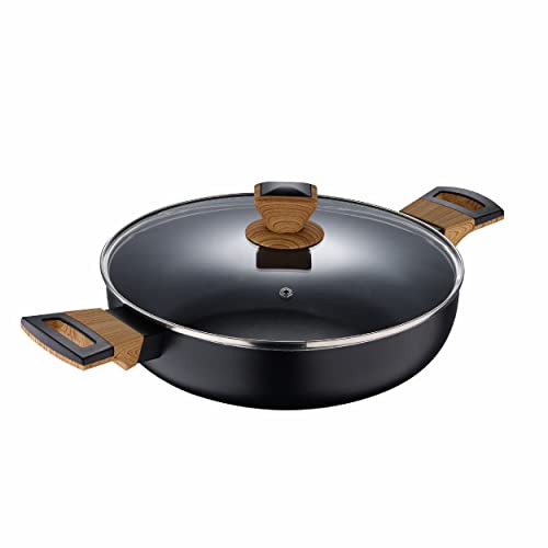 Bergner - Tegame 28X7,5Cm In Alluminio Con Maniglie Soft Touch Effetto Legno E Coperchio In Vetro, Linea Earth Black Induzione