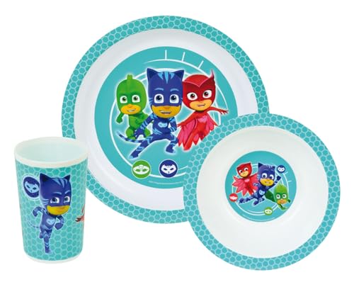 Fun House 005559 Pyjamasques Set Pasto Contenente 1 Piatto, 1 Ciotola E 1 Vetro Per Bambini Polipropilene Bianco 26.5 X 8.5 X 24.5 Cm