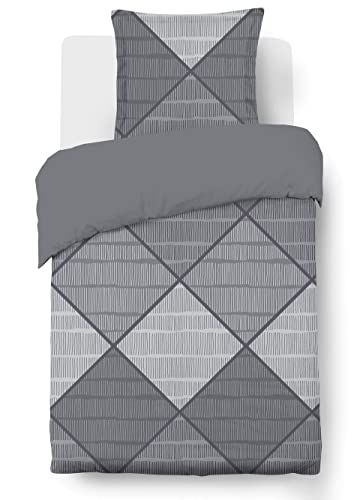 Vision - Parure Copripiumino Harold Grigio - Copripiumino 140 X 200 Cm Con 1 Federa Assortita 65 X 65 Cm - 100% Cotone