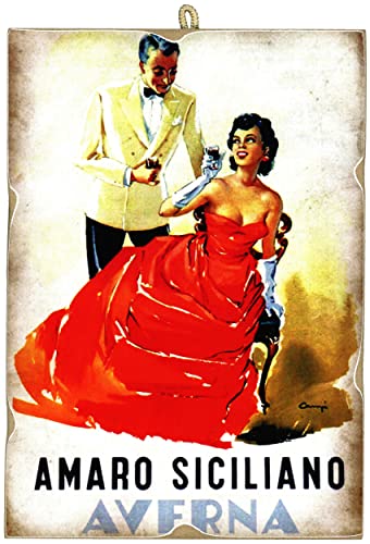 Kustom Art Quadro Quadretto Stile Vintage Serie Pubblicità D'Epoca (Amaro Averna) Stampa Su Legno 25X18 Cm.