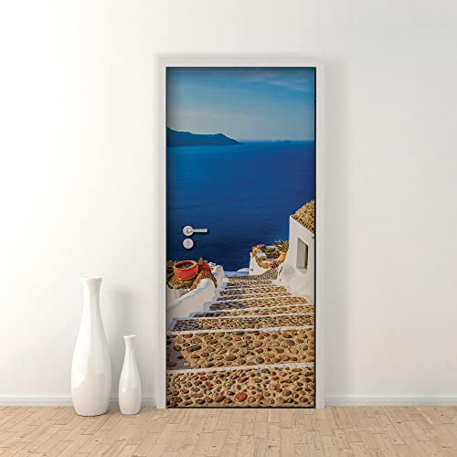 Crearreda Adesivi Per Porte In Pvc Premium, Door Cover Santorini Scalinata, Applicazione Facile E Senza Bolle, Rivestimenti Per Porte Da Interno 83 X