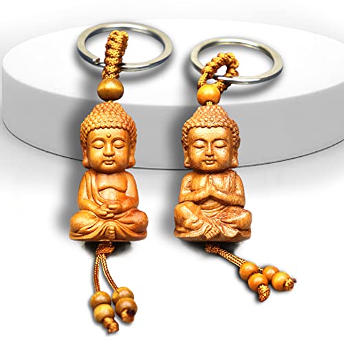 Behone 2 Pezzi Portachiavi Piccolo Portachiavi Con Buddha In Legno Legno Portachiavi Ciondolo A Forma Di Buddha Adatto Per Accessori Per Auto Fai Da T