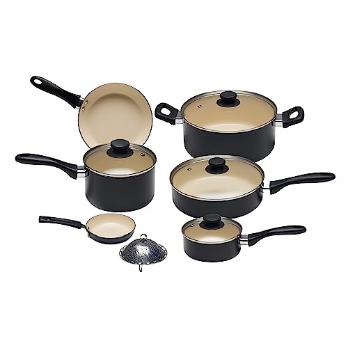Amazon Basics, Batteria Di Pentole E Padelle Antiaderenti In Ceramica Da 11 Pezzi, Senza Pfoa E Ptfe, Colore: Nero E Crema