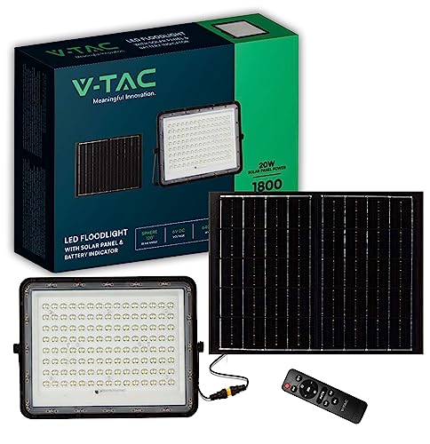 V-Tac Faro Led Da Esterno Con Pannello Solare 20W - Autonomia 12 Ore - Chip Samsung - Ip65-1800 Lumen - Proiettore Led Con Telecomando E Batteria Per