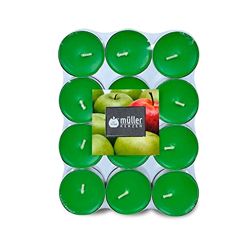 Müller Tealights Candele Profumate - Fragranza Mela - 39 × 15 Mm - Durata 4 Ore - Lumini Di Cera Colore Verde - Set Di 24 Candeline