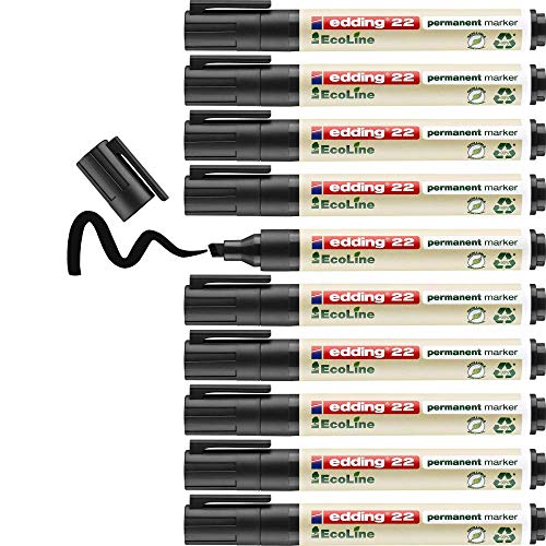 Edding 22 Ecoline Marcatore Permanente, Nero, 10Pz, Punta A Scalpello 1-5 Mm, Impermeabili, Per Cartone, Plastica, Vetro, Legno, Metallo E Tessuto, Ri