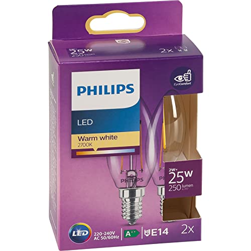 Philips Led Lampadina Led Candela Filamento, 2 Pezzi, Equivalente A 25W, Attacco E14, Luce Bianca Calda, Non Dimmerabile