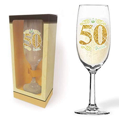 Partycolarità Flute Champagne 50 Anni Glitter - Flute Brindisi In Vetro - Bicchiere Da Champagne - Gadget Festa Di Compleanno Cinquantenne