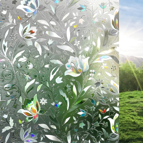 Rabbitgoo Pellicola Privacy Per Finestre E Vetri 3D Fiori Decorative Autoadesive Controllo Di Calore Con Effetto Arcobaleno Anti-Uv, Pellicola Vetri F