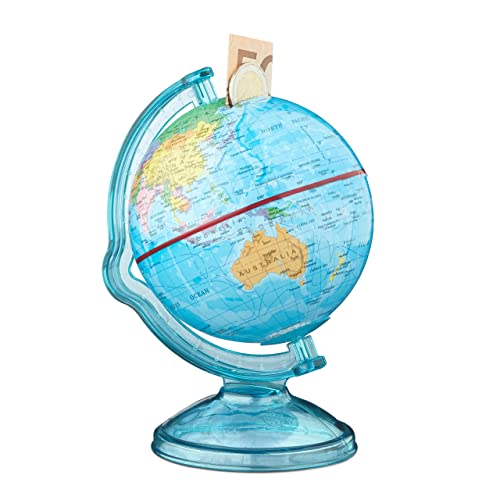 Relaxdays Salvadanaio A Forma Di Mappamondo, Mappa Politica Del Mondo, Scritte In Inglese, Hlp 16,5X14X14 Cm, Colorato, Colore Blu, 1 Pz, 10021013