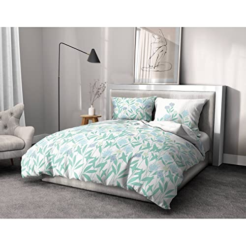 Home Passion | Copripiumino - 3 Pezzi | 100% Cotone - 57 Fili | 2 Persone - 220X240 Cm | Tempete Floreale Verde E Bianco