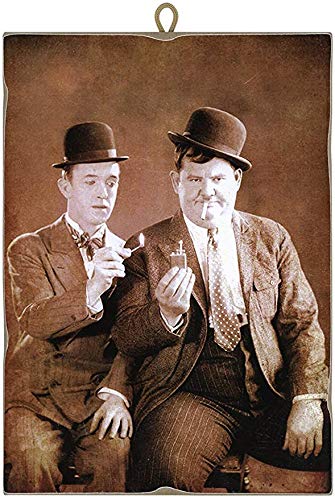 Kustom Art Quadro Quadretto Stile Vintage Stanlio & Ollio (Stan Laurel & Oliver Hardy) Da Collezione Stampa Su Legno 25X18 Cm