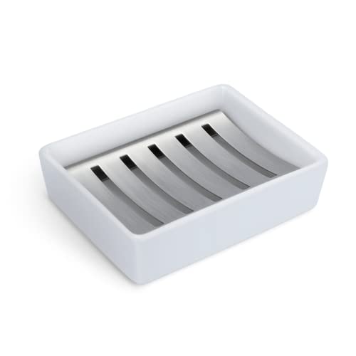 Portasapone, Piatto In Ceramica Supporto In Acciaio Inossidabile Scatola Per Sapone, Doppio Scarico, Portasapone Rettangolare Creativo, Porta Sapone D