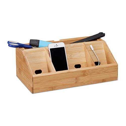 Relaxdays Organizer Scrivania In Bambù, Con Porta Cellulare E Stazione Di Ricarica 5 Scomparti 11X30X17,5 Cm, Naturale, Legno, Brown, 17.5 X 30 X 11 C