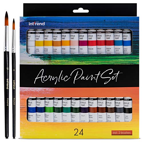 Int!Rend Colori Acrilici Per Dipingere - 24 Da 12Ml + 2 Pennelli - Tempere Acriliche Su Tela - Colori Per Tela, Ceramica, Carta - Set Colori Acrilici