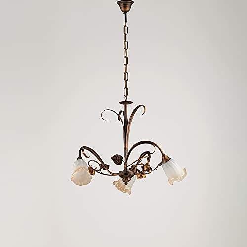 Lampadario Classico Arte Povera 3 Luci Ferro Battuto Marrone E Oro Serie Cestino
