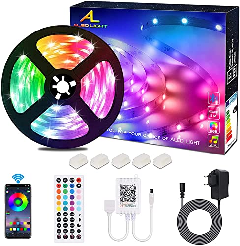 Striscia Led 5M Bluetooth, Aled Light Strisce Luci Led Rgb 5050 Smd Con Dc 12V Alimentatore E 44 Tasti Telecomando E Ricevitore, Nastro Led Decorazion