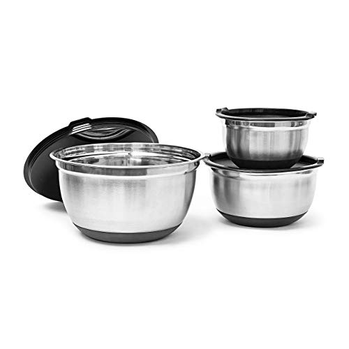 Relaxdays Set 4 Ciotole Cucina Con Coperchio, Modello Bowly, Insalatiere Acciaio Antiscivolo, 14, 5X25,5 Cm, Argento, Inossidabile, 3 Pezzi