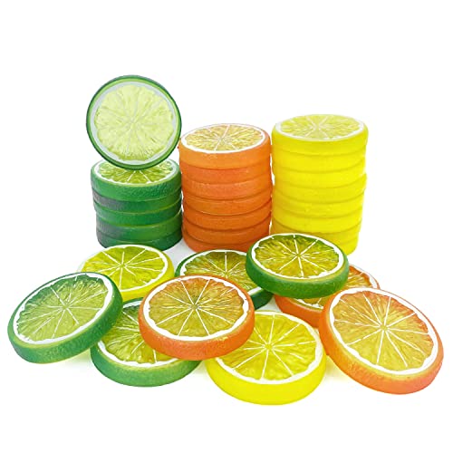 Lorigun 30Pcs Falso Fetta Di Limone Guarnire Frutta Artificiale Decorazione Della Casa Falso Cibo (Rosso Verde Giallo, Ogni Colore 10 Pezzi)