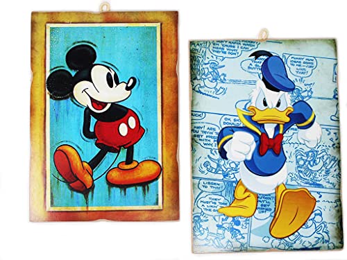 Kustom Art Composizione Da 2 Quadretti Stile Vintage Serie Fumetti Topolino Mickey Mouse E Paperino Donald Duck. Stampa Su Legno 18X25 Cm Ciascun Quad
