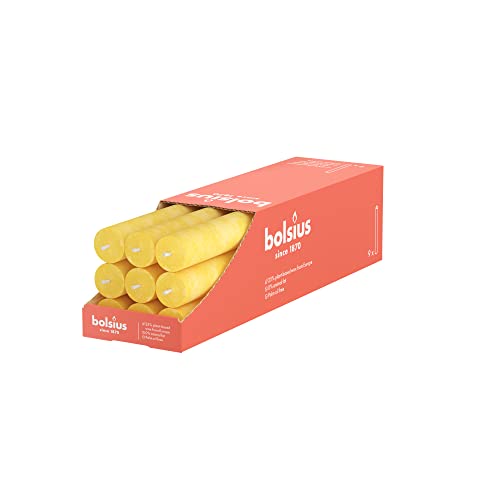 Bolsius - Candele Rustiche – Giallo – 9 Pezzi – 27 X 2,3 Cm – Lunghezza Durata 13 Ore – Non Profumate – Contiene Cera Vegetale Naturale – Senza Olio D
