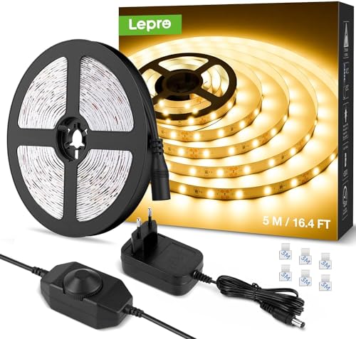 Lepro Striscia Led 5M 300Led Smd2835 Dimmerabile, Led Strisce 15W 1200Lm Bianco Caldo 3000K, Luce Nastro Luminoso Per Decorazione Interna, Kit Complet